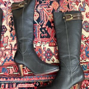 Cole Haan Black Leather Heeled Boots with Brown Accents